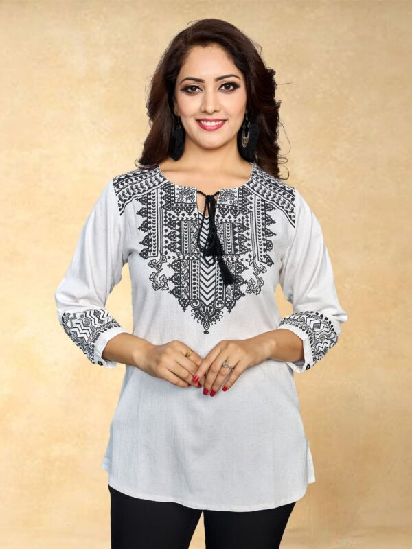 sanaa – Women’s Tieup Neck Printed 3/4 Sleeve Short Kurti (J-2505_White)