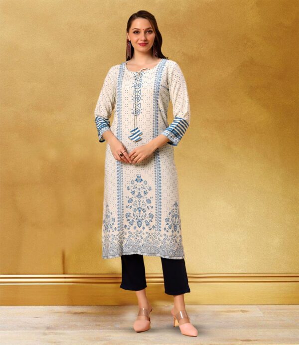 sanaa Womens Printed Rayon Tie Up Neck Kurti (J-2483_White)
