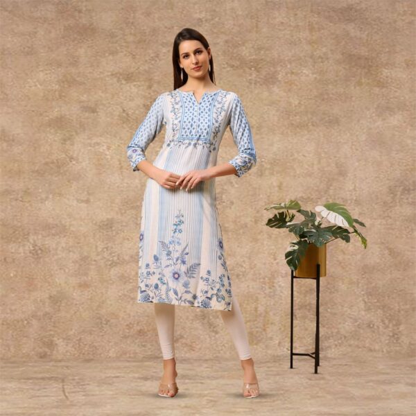 sanaa Womens Printed Rayon Henley Neck Kurti (J-2488_White)