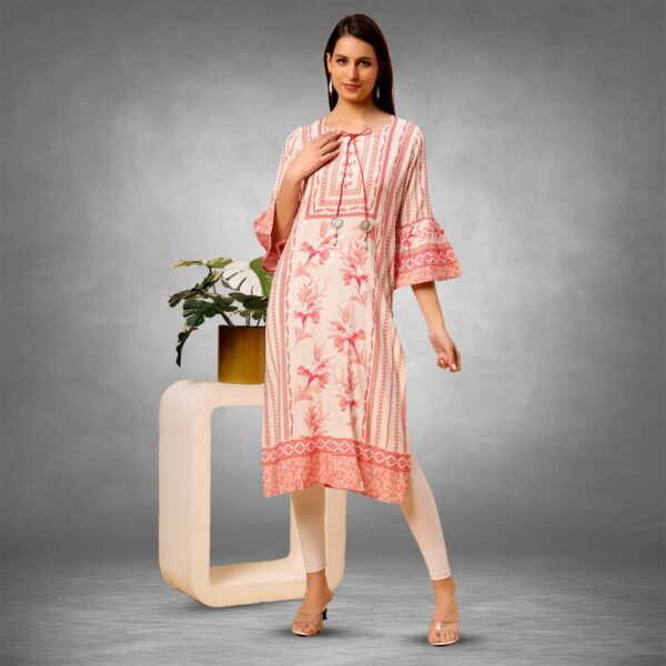 sanaa Womens Printed Rayon Tie Up Flared Sleeves Kurti (J-2489_White)