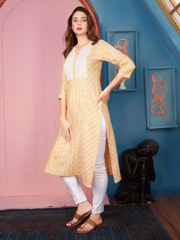 Womens Printed Georgette Mandarin Neck Embroidered Kurti (J-2493_Yellow)