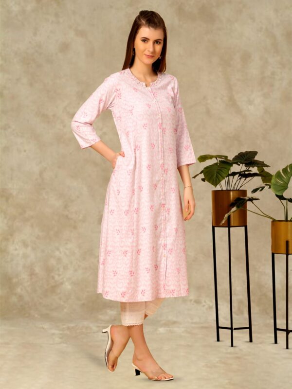 Womens Printed Blended Rayon Mandarin Neck Embroidered Kurti (J-2494_Pink)