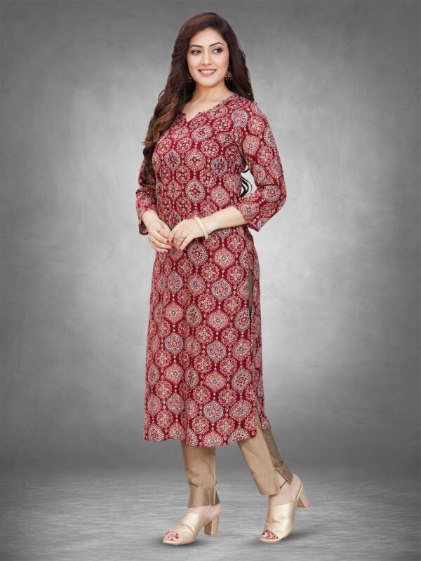 sanaa Womens Printed Viscose Rayon Henley Neckline Kurti – Maroon – J-2501