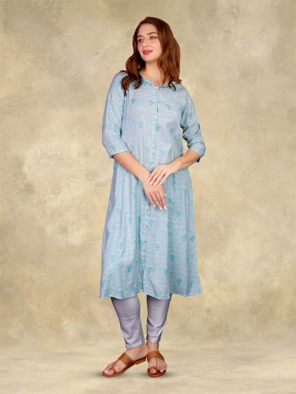 Womens Printed Blended Rayon Mandarin Neck Embroidered Kurti (J-2495_Green)