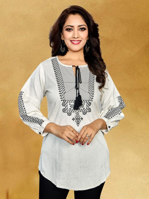 sanaa – Women’s Tieup Neck Printed 3/4 Sleeve Short Kurti (J-2504_White)