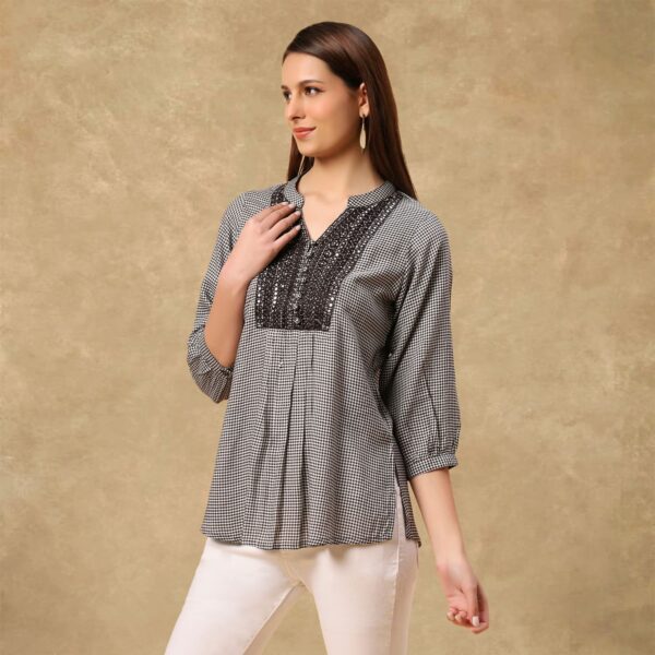 Womens Black Checks Rayon Mandarin Neckline Embroidered Kurti (J-2383_Black)
