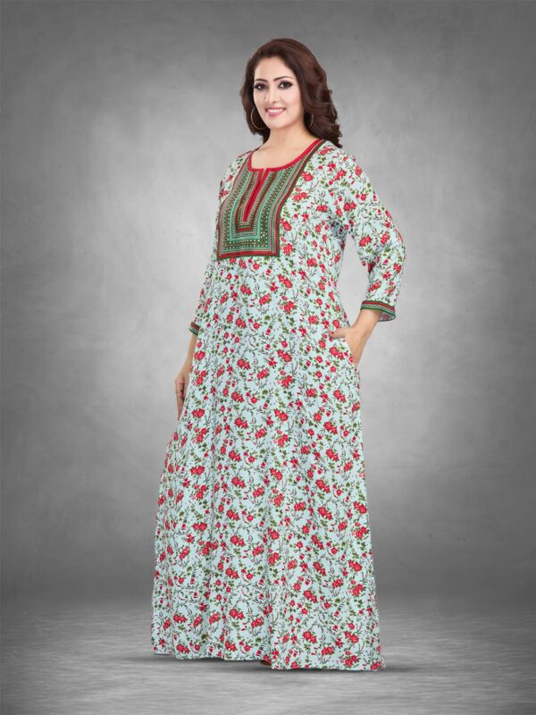 sanaa Women’s 3/4 Sleeve Printed Round Neck Embroidered Long Nighty (EN-131)
