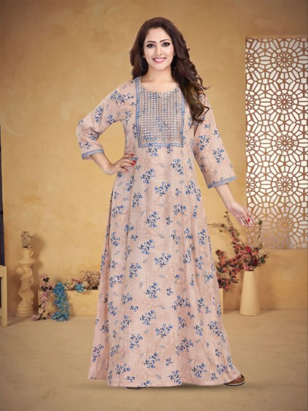sanaa Women’s 3/4 Sleeve Printed Round Neck Embroidered Long Nighty (EN-132)