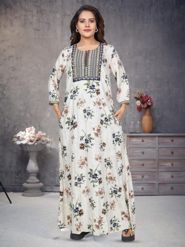 sanaa Women’s Elegant 100% Viscose-Rayon Printed Long Nighty – Luxe Lounge Comfort for a Soft & Stylish Sleep (EN-133_Beige)