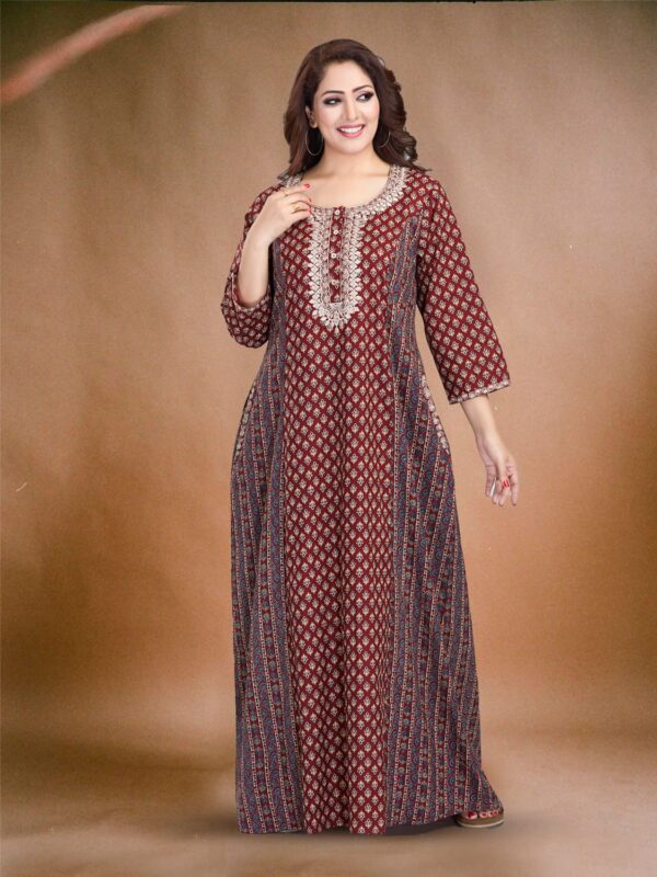 sanaa Women’s 3/4 Sleeve Printed Round Neck Embroidered Long Nighty (EN-134) Brown