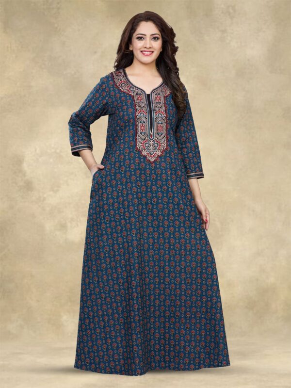 sanaa – Women’s Printed 3/4th Sleeve Sweetheart Neck Full Length Embroidered Nighty (EN-137_Blue)
