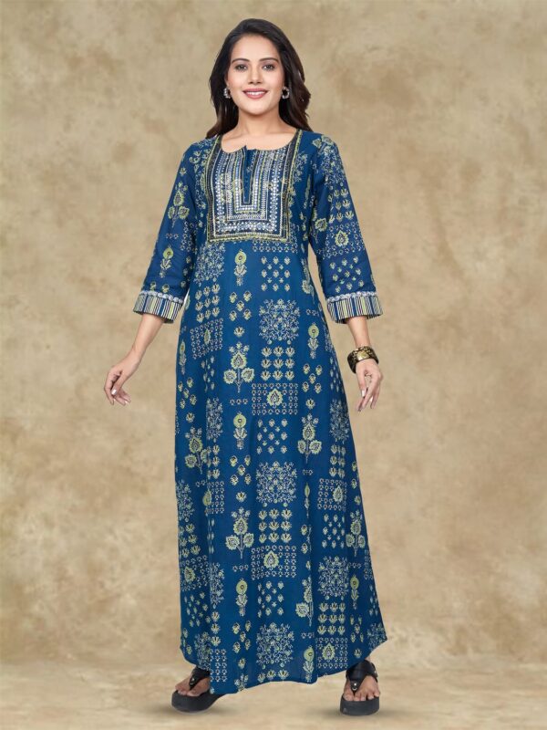 sanaa Women’s Elegant 100% Cotton Printed Long Nighty – Luxe Lounge Comfort for Effortless Relaxation (EN-139_Blue)