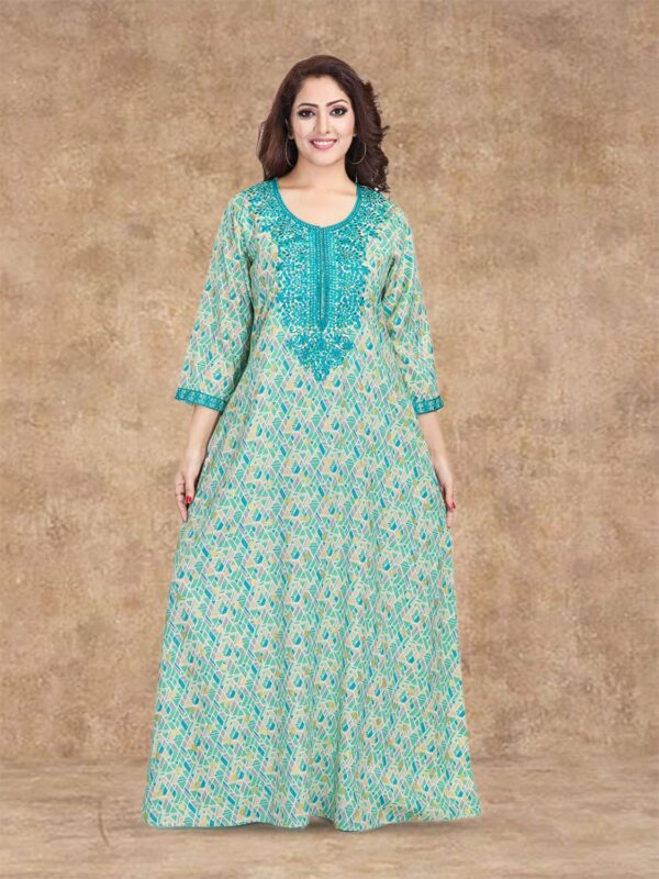 sanaa Women’s 3/4 Sleeve Printed Round Neck Embroidered Long Nighty (EN-144) Light Green