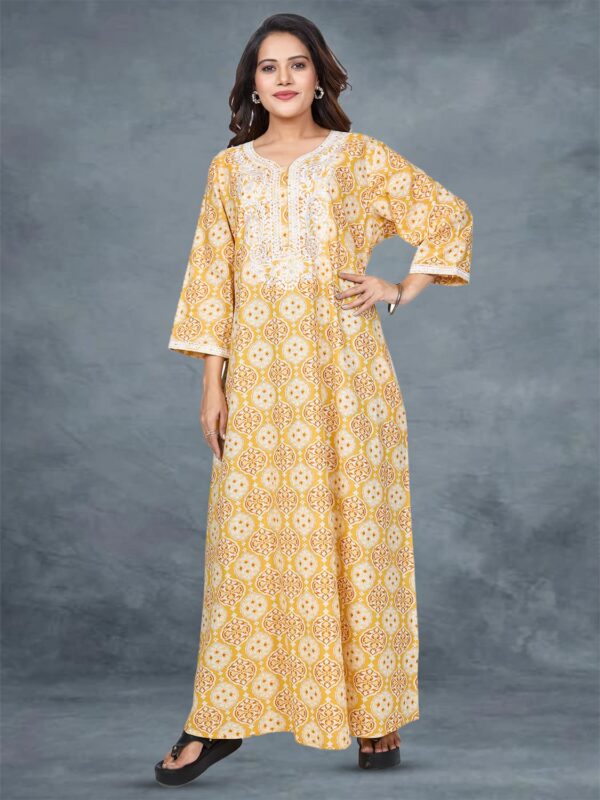 sanaa Women’s Elegant 100% Cotton Printed Long Nighty – Luxe Lounge Comfort for Effortless Relaxation (EN-145_Yellw) Yellow