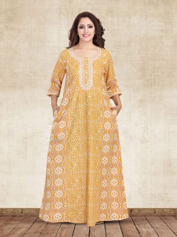 sanaa Women’s 3/4 Sleeve Printed Round Neck Embroidered Long Nighty (EN-146) Yellow