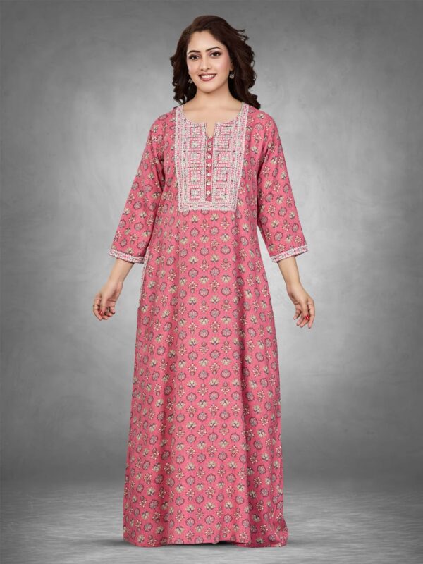 Sanaa Fresh Arrival ! Women’s Solid 3/4th Sleeve V Neck Full Length Embroidered Nighty – EN-166