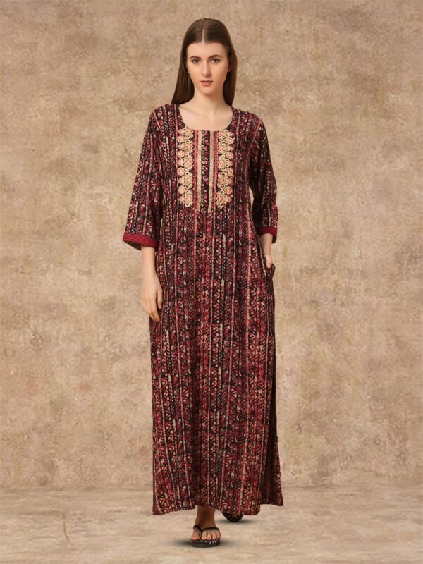 sanaa Women’s Full Length Elegant Embroidered Rayon Nighty with Pockets – EN-68