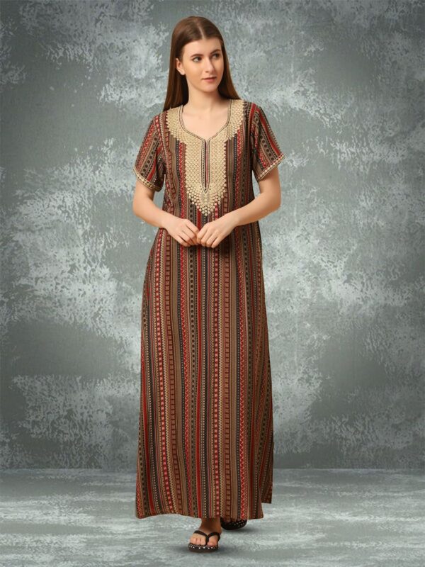 sanaa Women’s Full Length Elegant Embroidered Rayon Nighty with Pockets Multicolour – EN-69