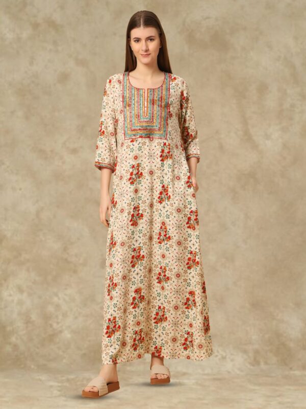 sanaa Women’s Full Length Elegant Embroidered Rayon Nighty with Pockets – EN-70