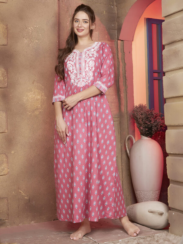 sanaa Women’s Full Length Elegant Embroidered Rayon Nighty with Pockets – EN-85