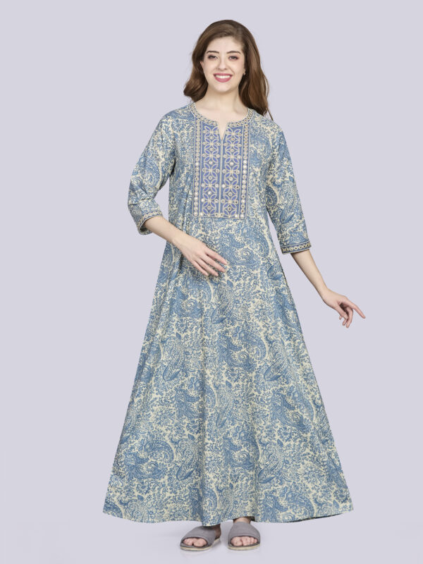 Sanaa Fresh Arrival ! Women’s Printed 3/4th Sleeve Full Length Embroidered Nighty – EN-187
